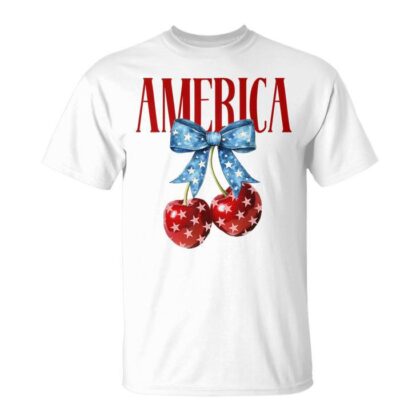 America Cherries Coquette Bow Cherry July 4Th Usa Flag Women T-Shirt