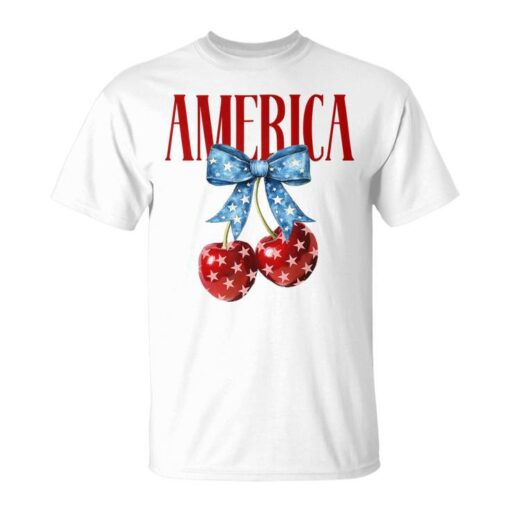 America Cherries Coquette Bow Cherry July 4Th Usa Flag Women T-Shirt