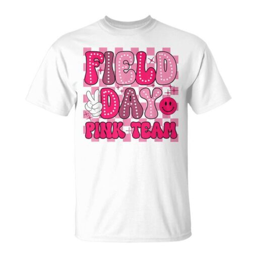 Field Day Pink Team Groovy Smile Face Checkered Students T-Shirt